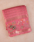 Rose Pink Striped Floral Embroidered Assam Silk Saree — Folded