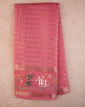 Rose Pink Striped Floral Embroidered Assam Silk Saree — Full Saree