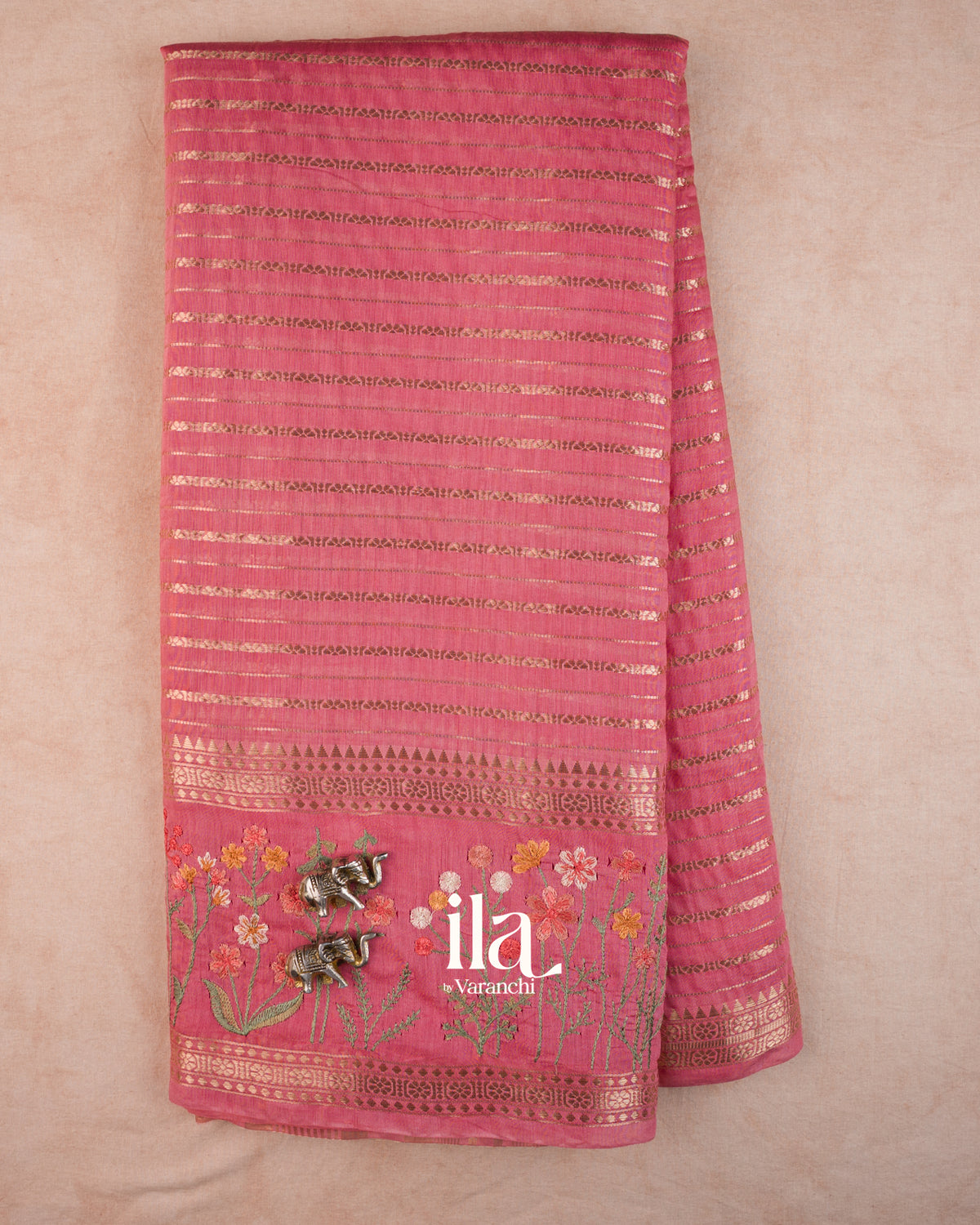 Rose Pink Striped Floral Embroidered Assam Silk Saree — Full Saree