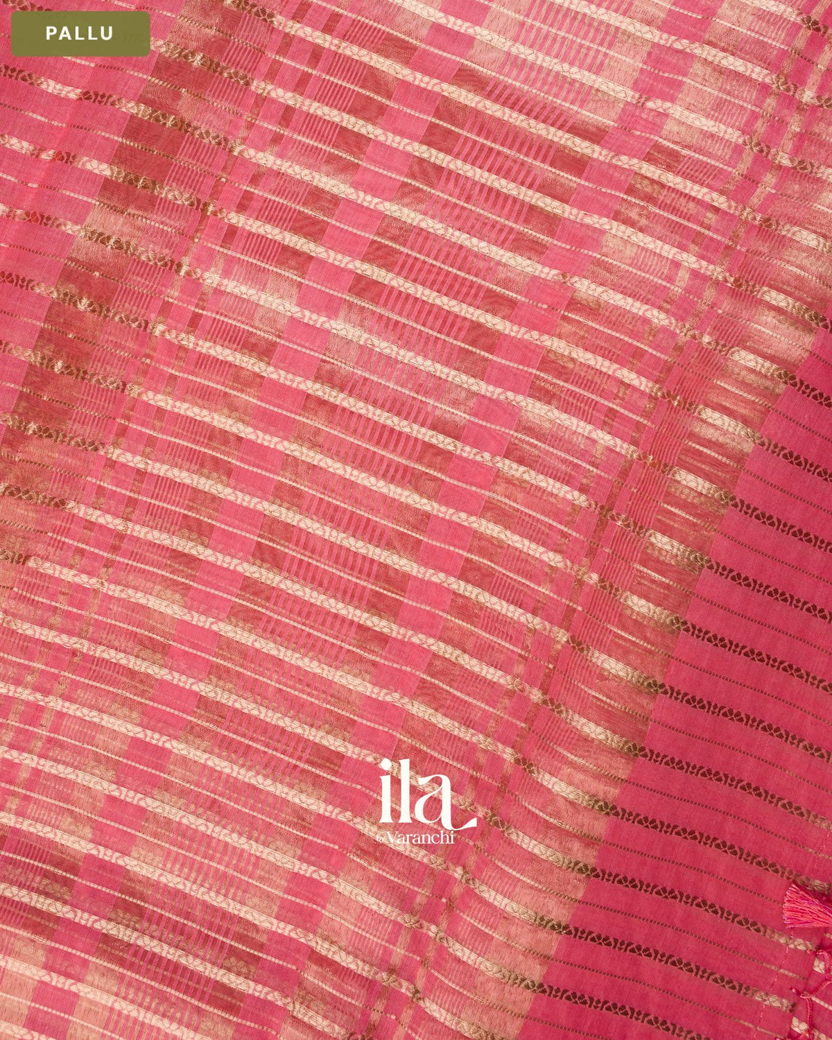 Rose Pink Striped Floral Embroidered Assam Silk Saree — Pallu