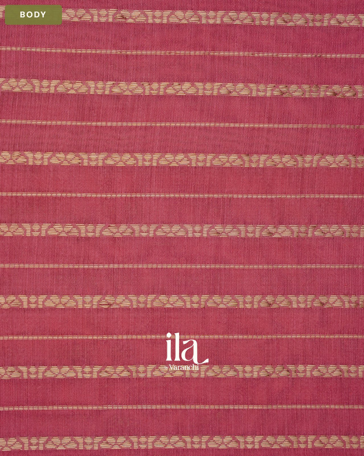 Rose Pink Striped Floral Embroidered Assam Silk Saree — Body