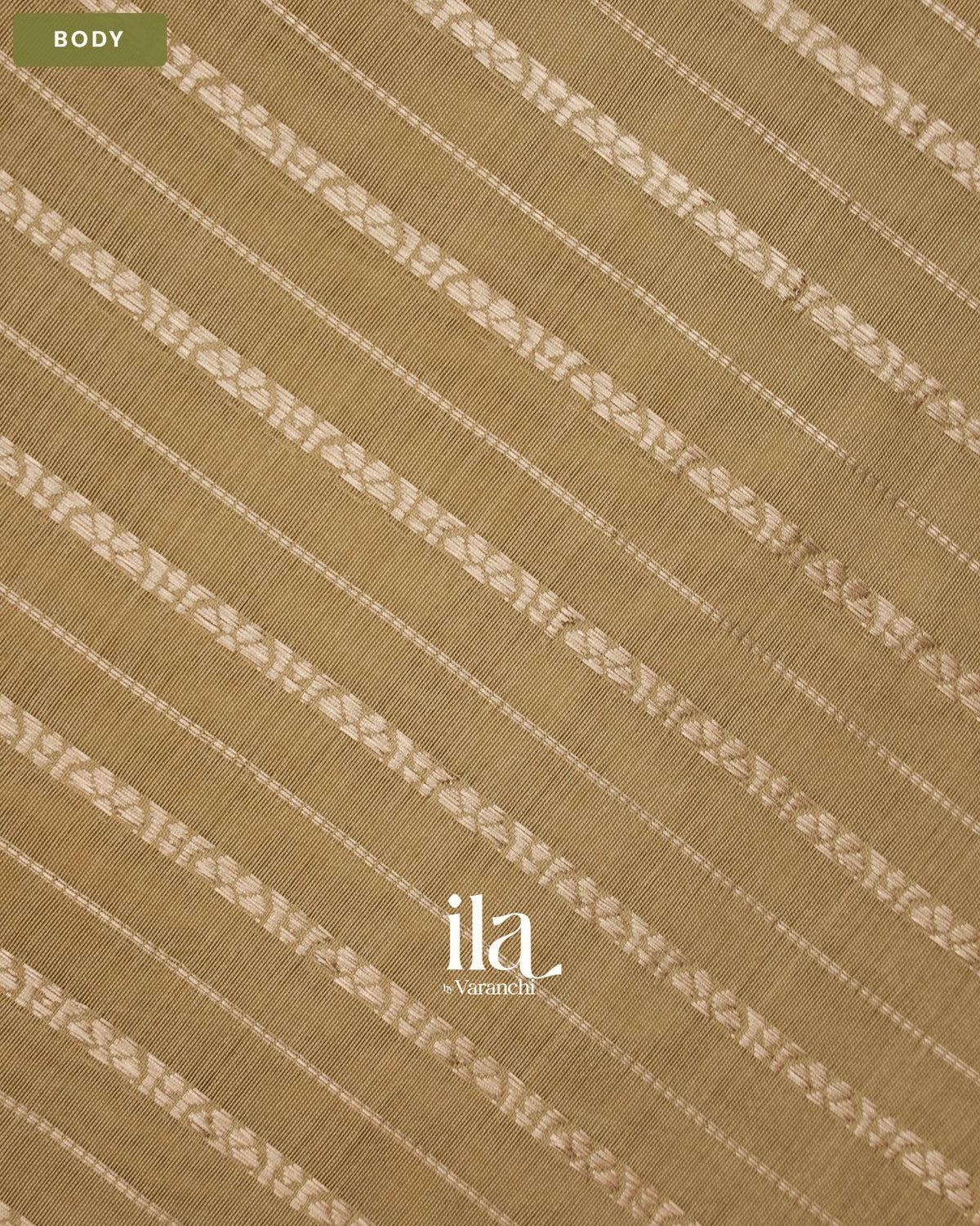 Beige Striped Floral Embroidered Assam Silk Saree — Body