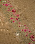 Beige Striped Floral Embroidered Assam Silk Saree — Border