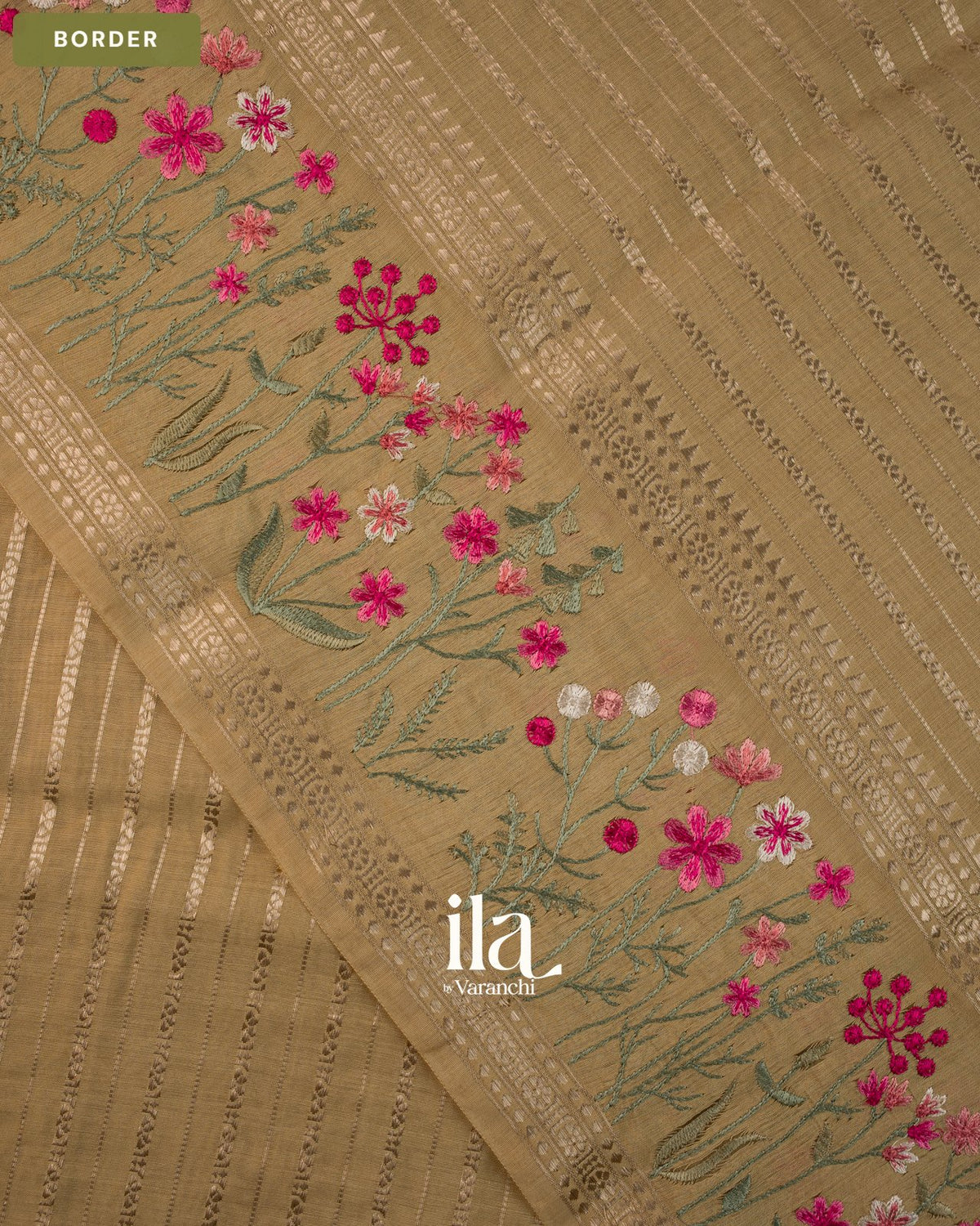 Beige Striped Floral Embroidered Assam Silk Saree — Border