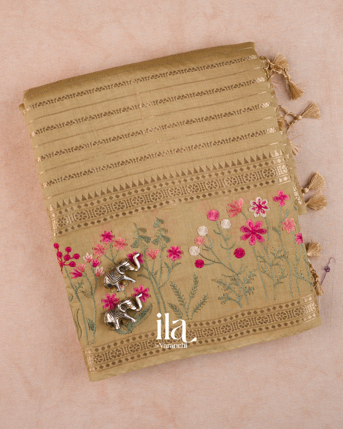 Beige Striped Floral Embroidered Assam Silk Saree — Folded