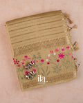 Beige Striped Floral Embroidered Assam Silk Saree — Folded