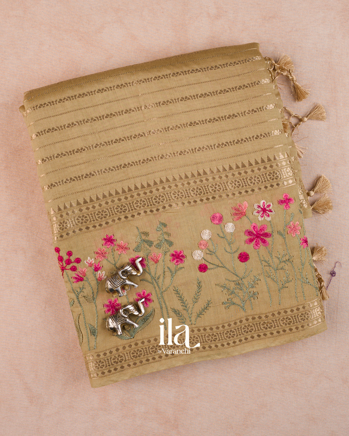 Beige Striped Floral Embroidered Assam Silk Saree — Folded
