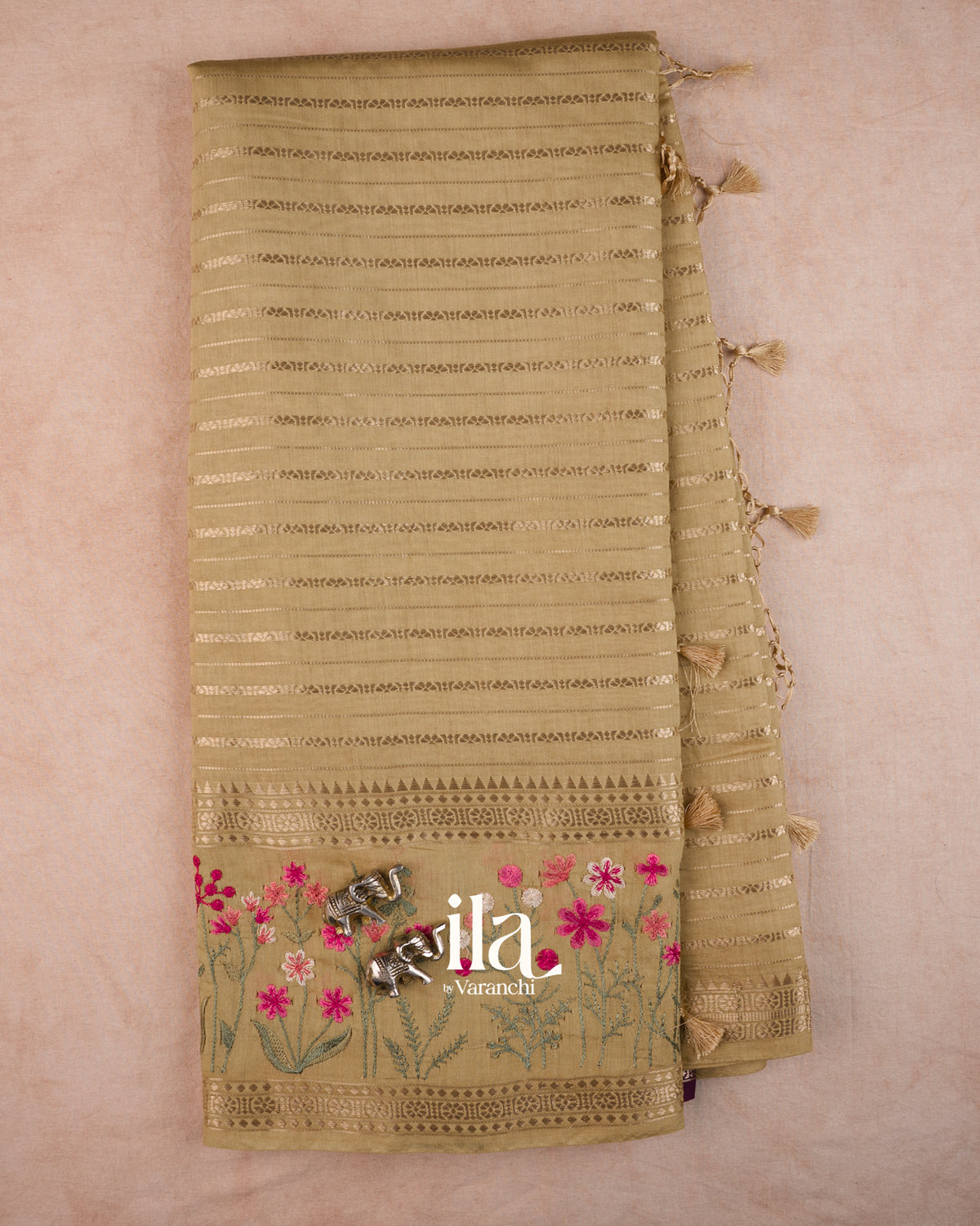 Beige Striped Floral Embroidered Assam Silk Saree — Full Saree