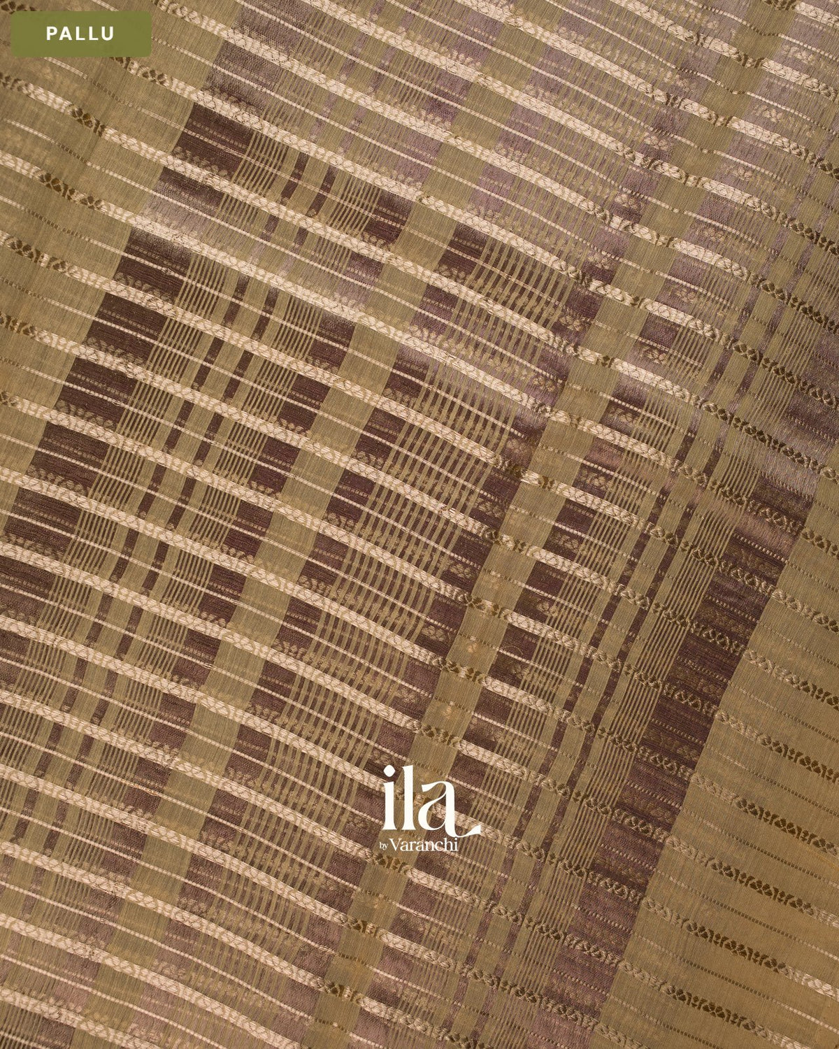 Beige Striped Floral Embroidered Assam Silk Saree — Pallu