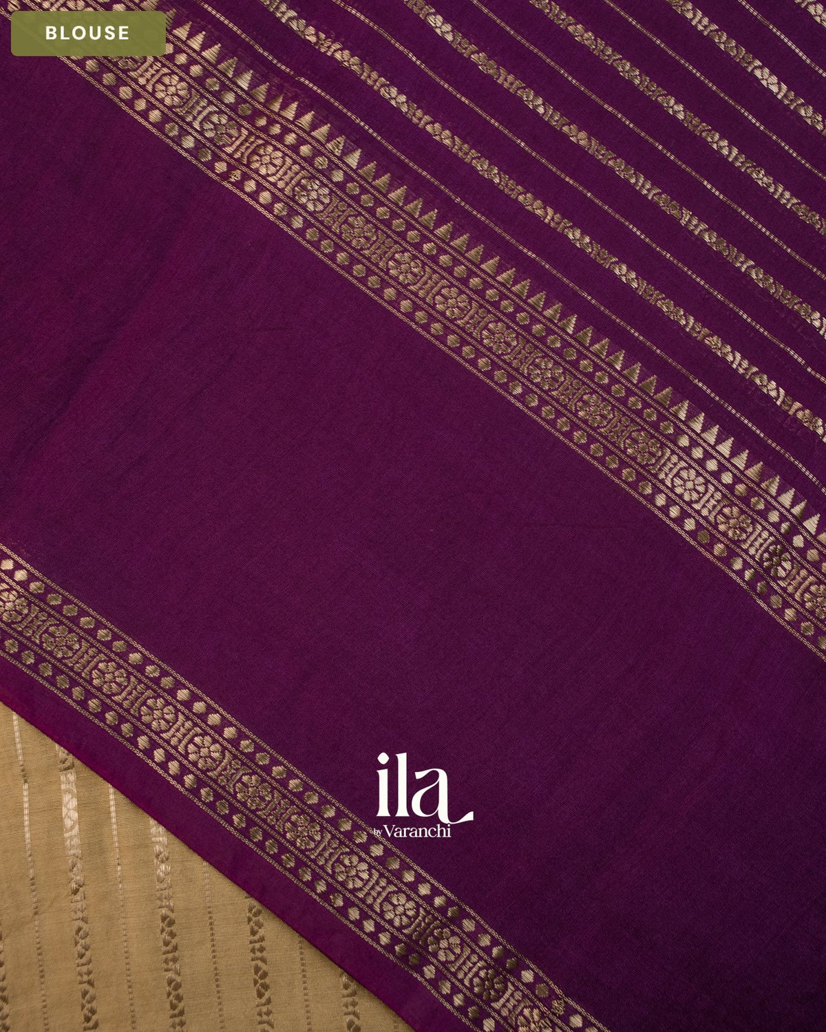 Beige Striped Floral Embroidered Assam Silk Saree — Blouse