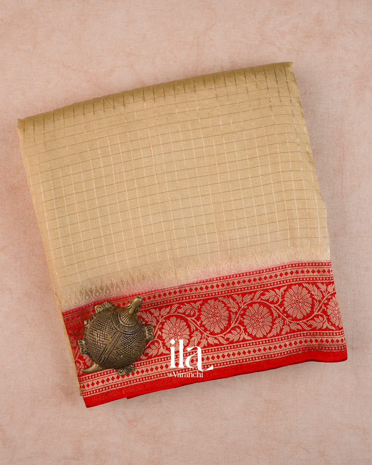Beige Checkered Assam Silk Saree — Folded