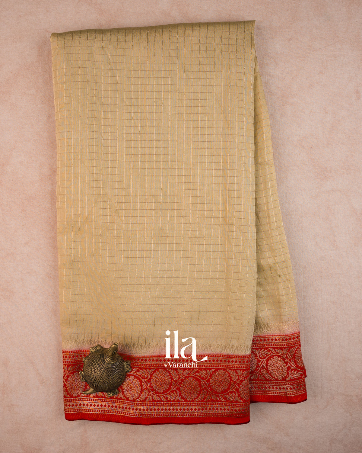Beige Checkered Assam Silk Saree — Full Saree