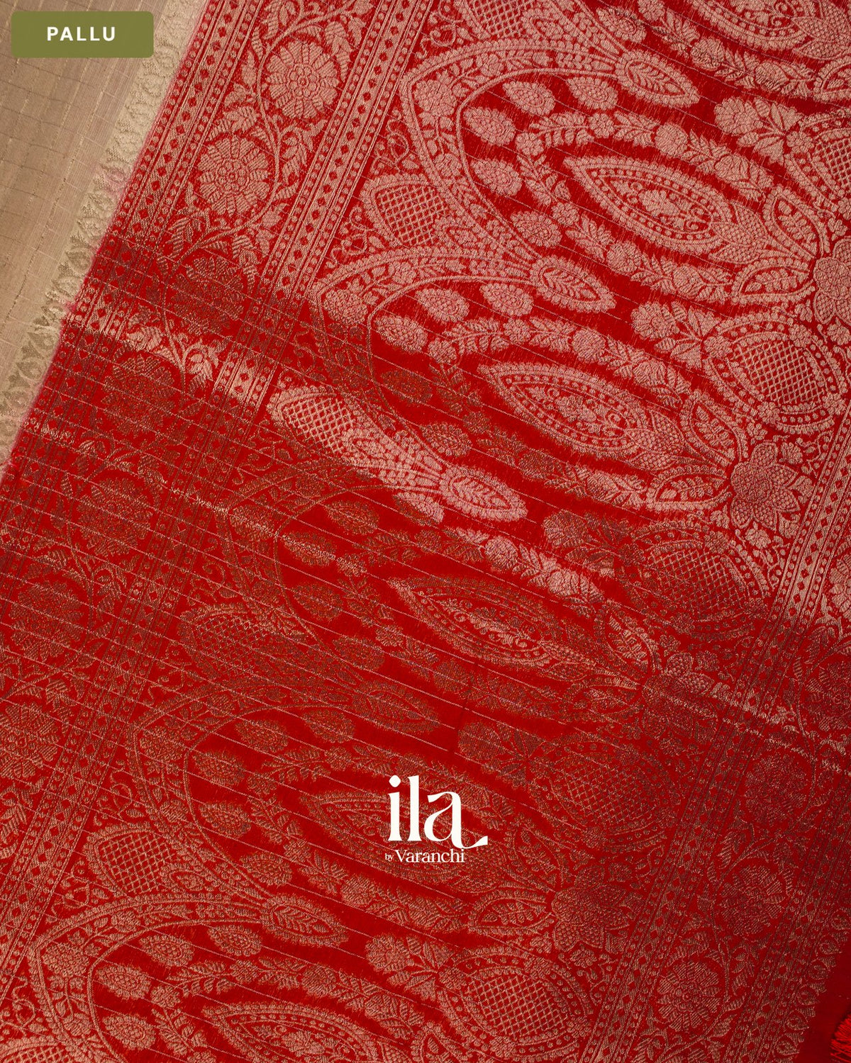 Beige Checkered Assam Silk Saree — Pallu