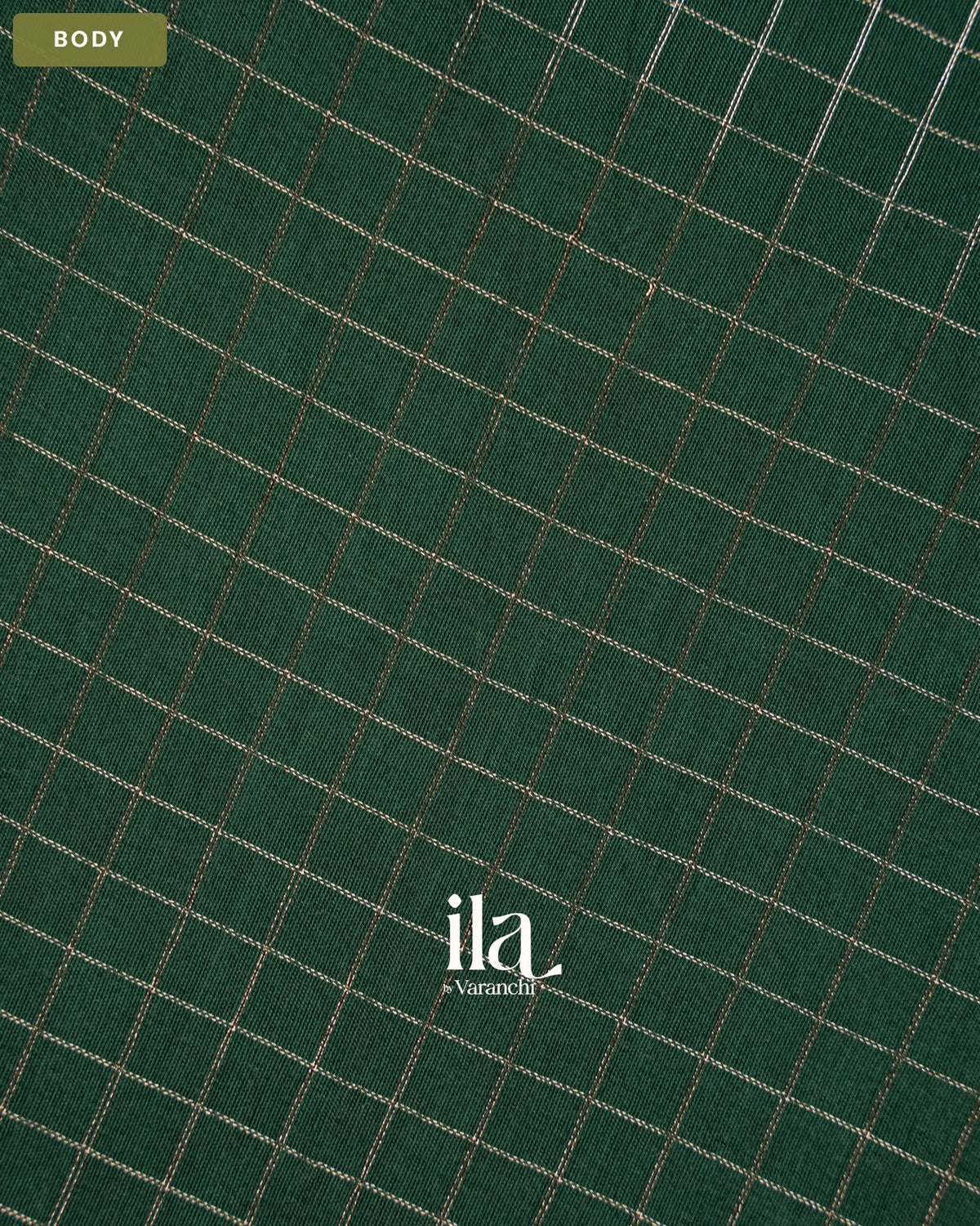 Bottle Green Checkered Assam Silk Saree — Body