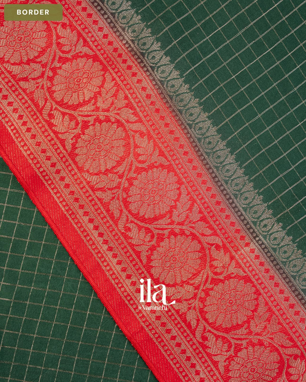 Bottle Green Checkered Assam Silk Saree — Border