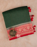 Bottle Green Checkered Assam Silk Saree — Folded