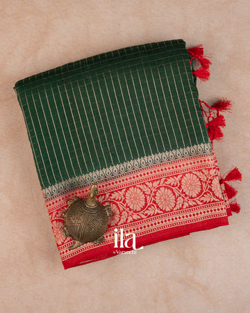 Bottle Green Checkered Assam Silk Saree — Folded
