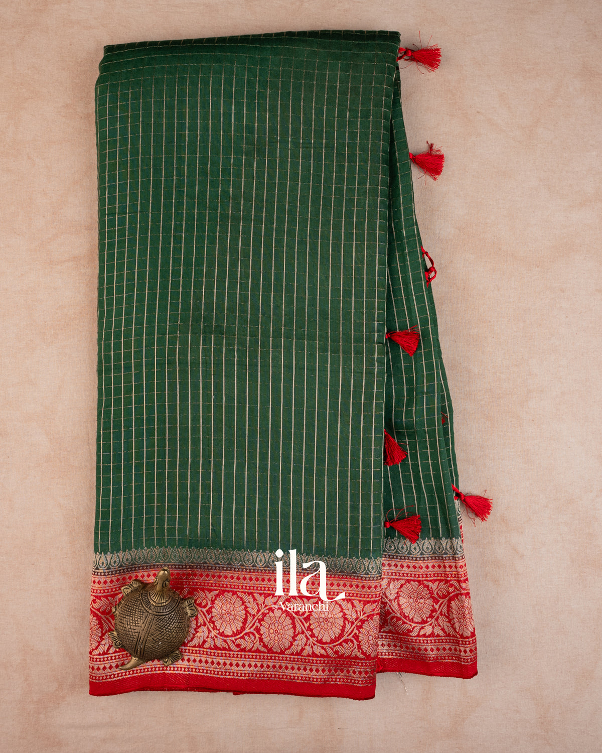 Bottle Green Checkered Assam Silk Saree — Full Saree