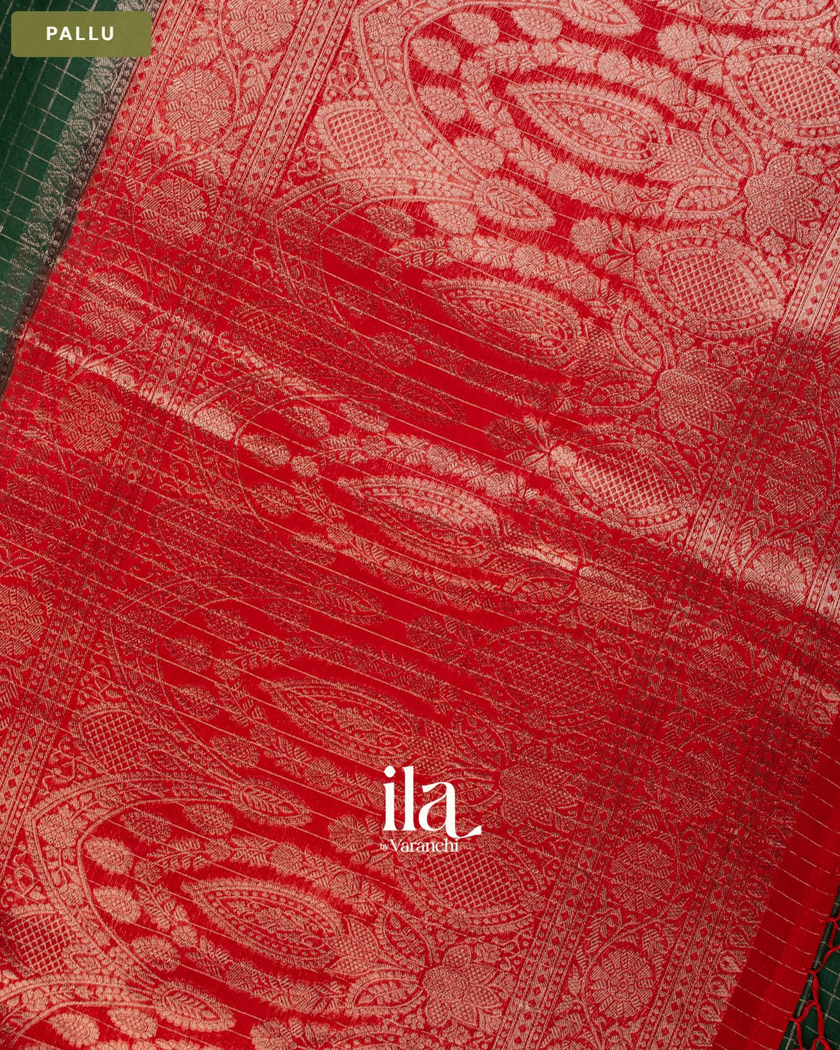 Bottle Green Checkered Assam Silk Saree — Pallu