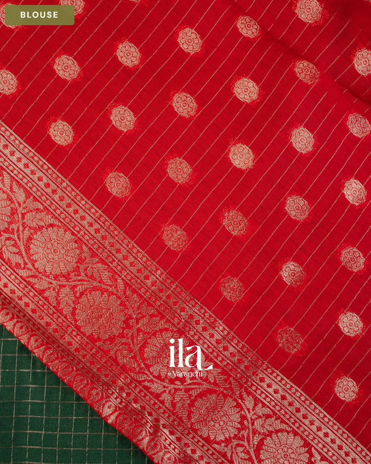 Bottle Green Checkered Assam Silk Saree — Blouse