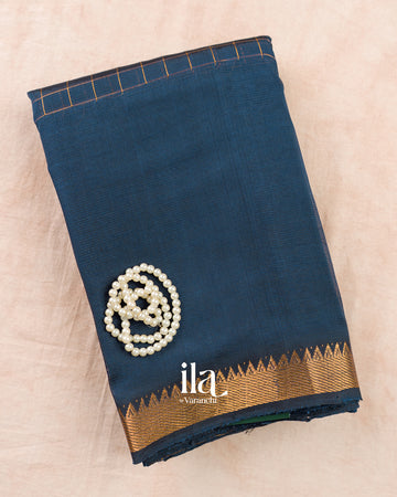 Deep Teal Blue Checkered Semi Mangalgiri Saree