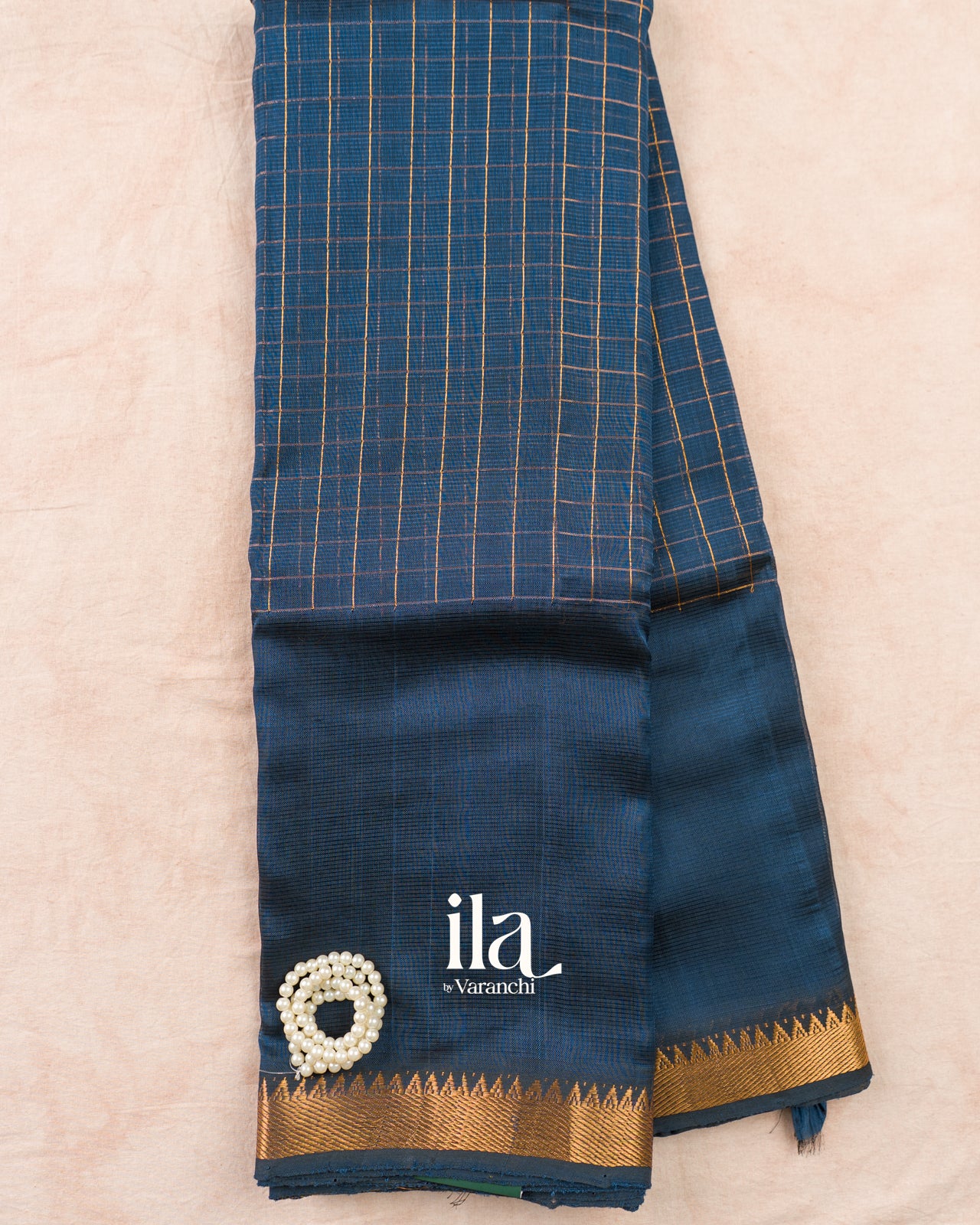 Deep Teal Blue Checkered Semi Mangalgiri Saree