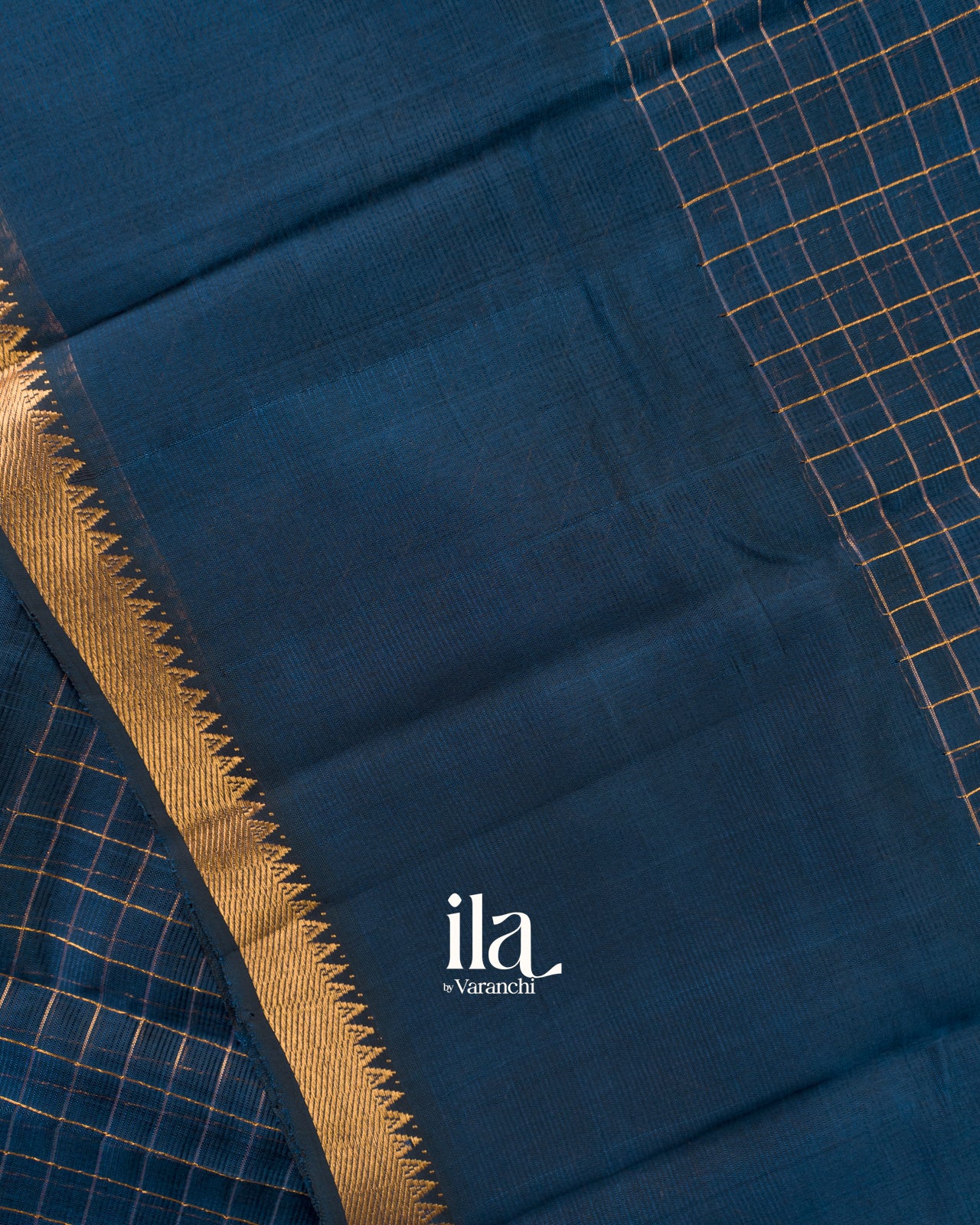 Deep Teal Blue Checkered Semi Mangalgiri Saree
