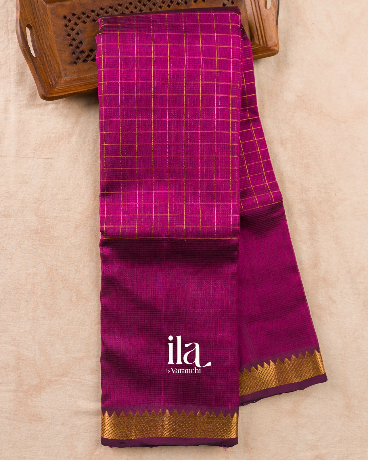 Deep Magenta Checkered Semi Mangalgiri Saree