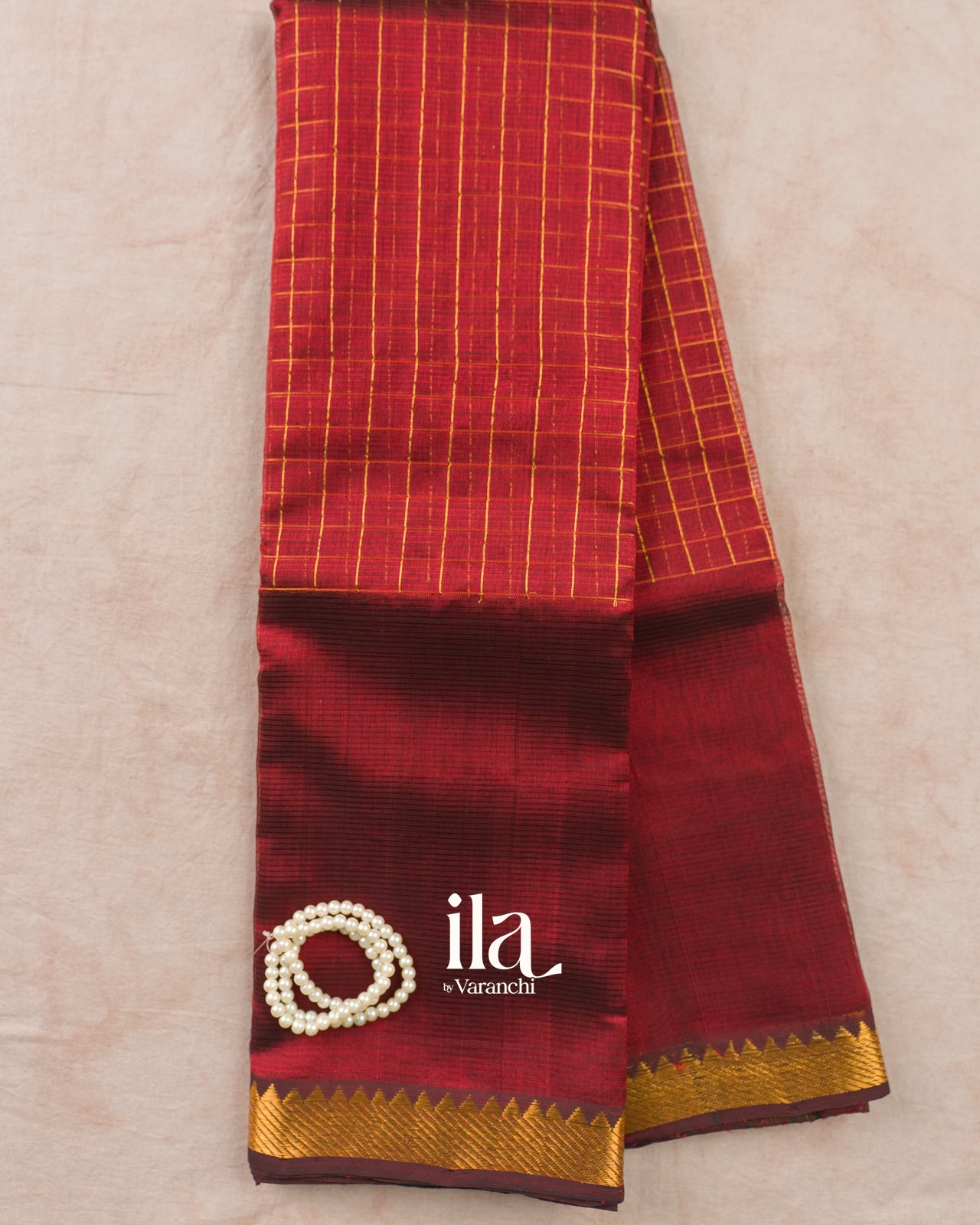Deep Maroon Checkered Semi Mangalgiri Saree