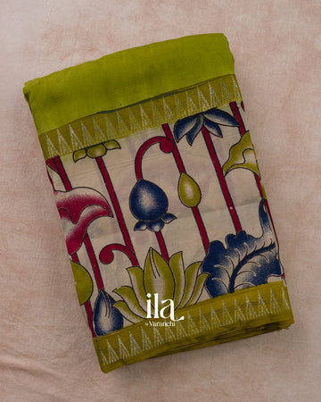 Mehandi Green Kalamkari Hand-Printed Semi Mangalgiri Silk Cotton Saree