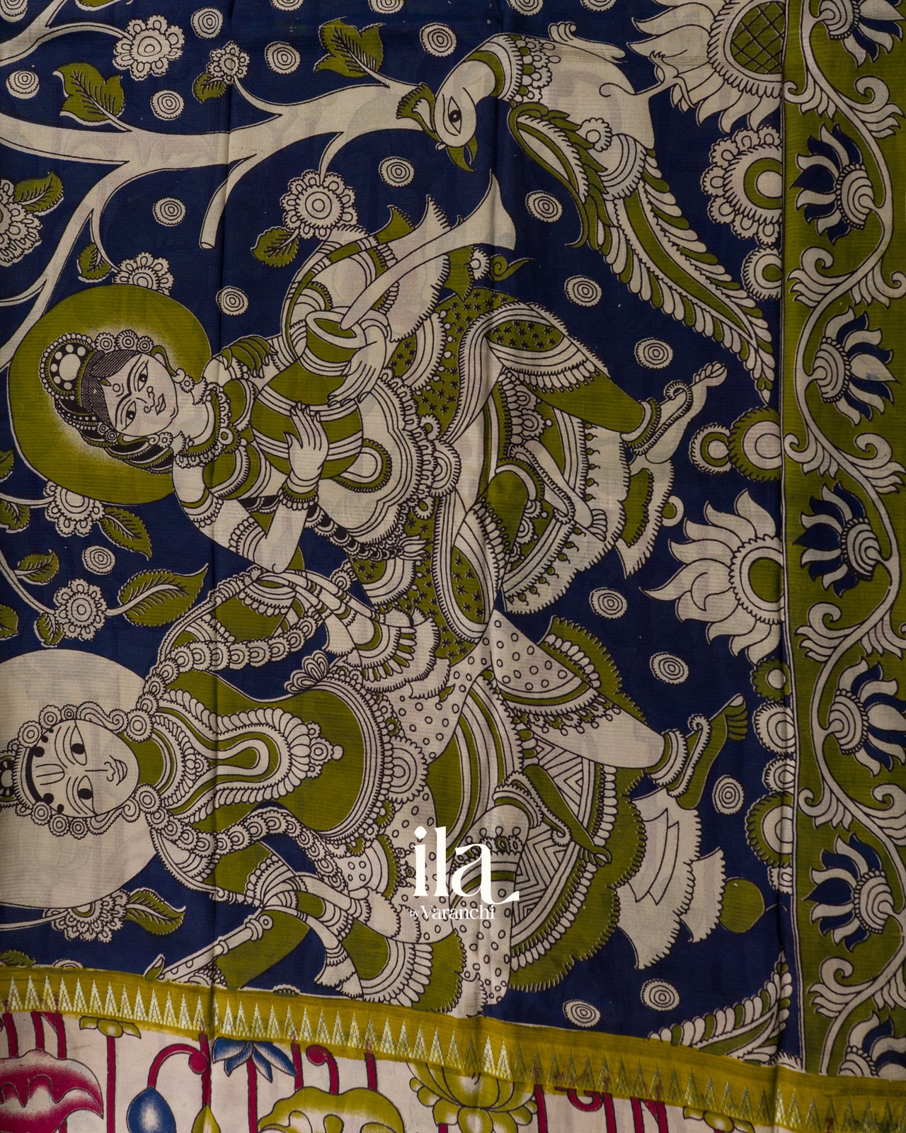 Mehandi Green Kalamkari Hand-Printed Semi Mangalgiri Silk Cotton Saree