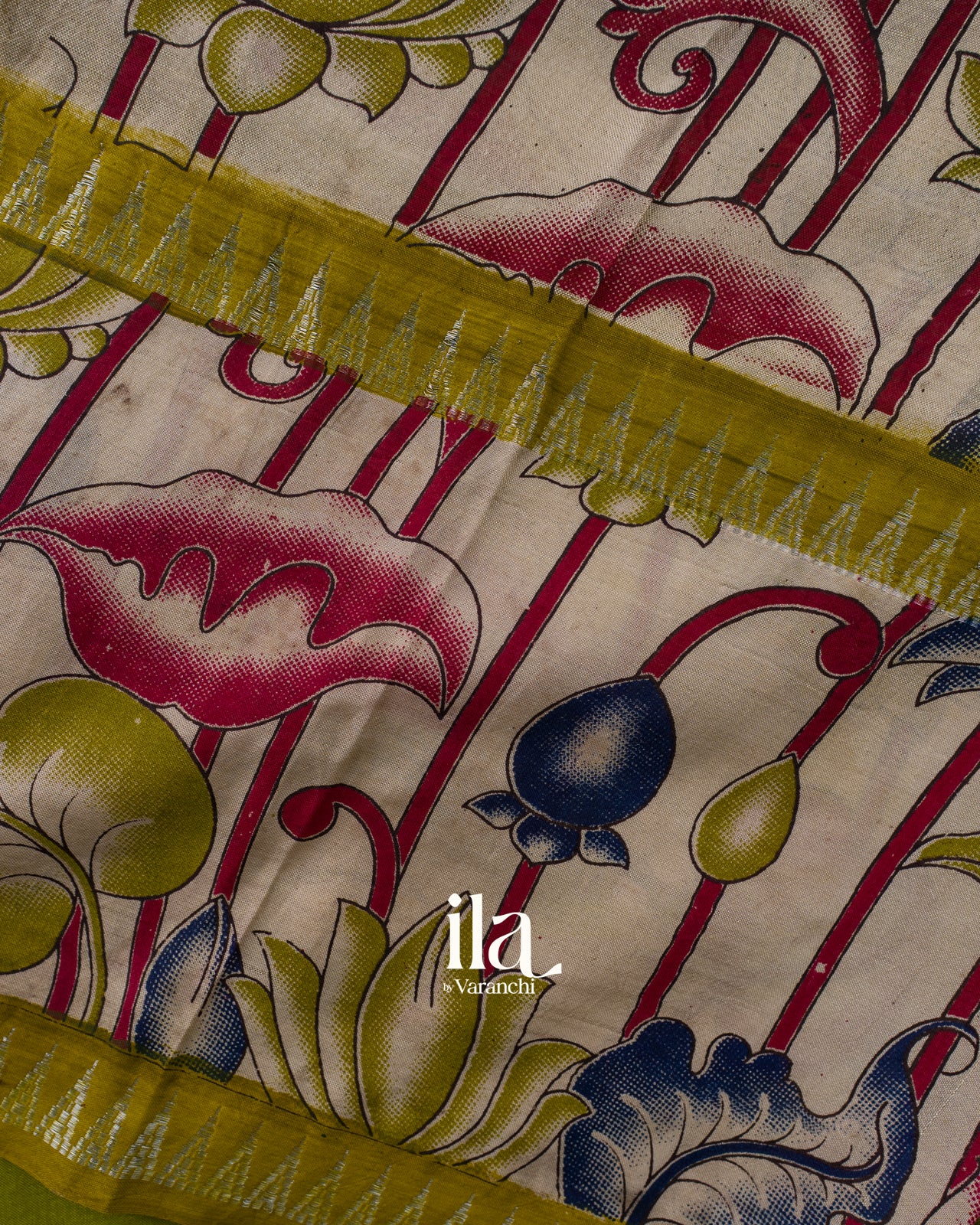 Mehandi Green Kalamkari Hand-Printed Semi Mangalgiri Silk Cotton Saree