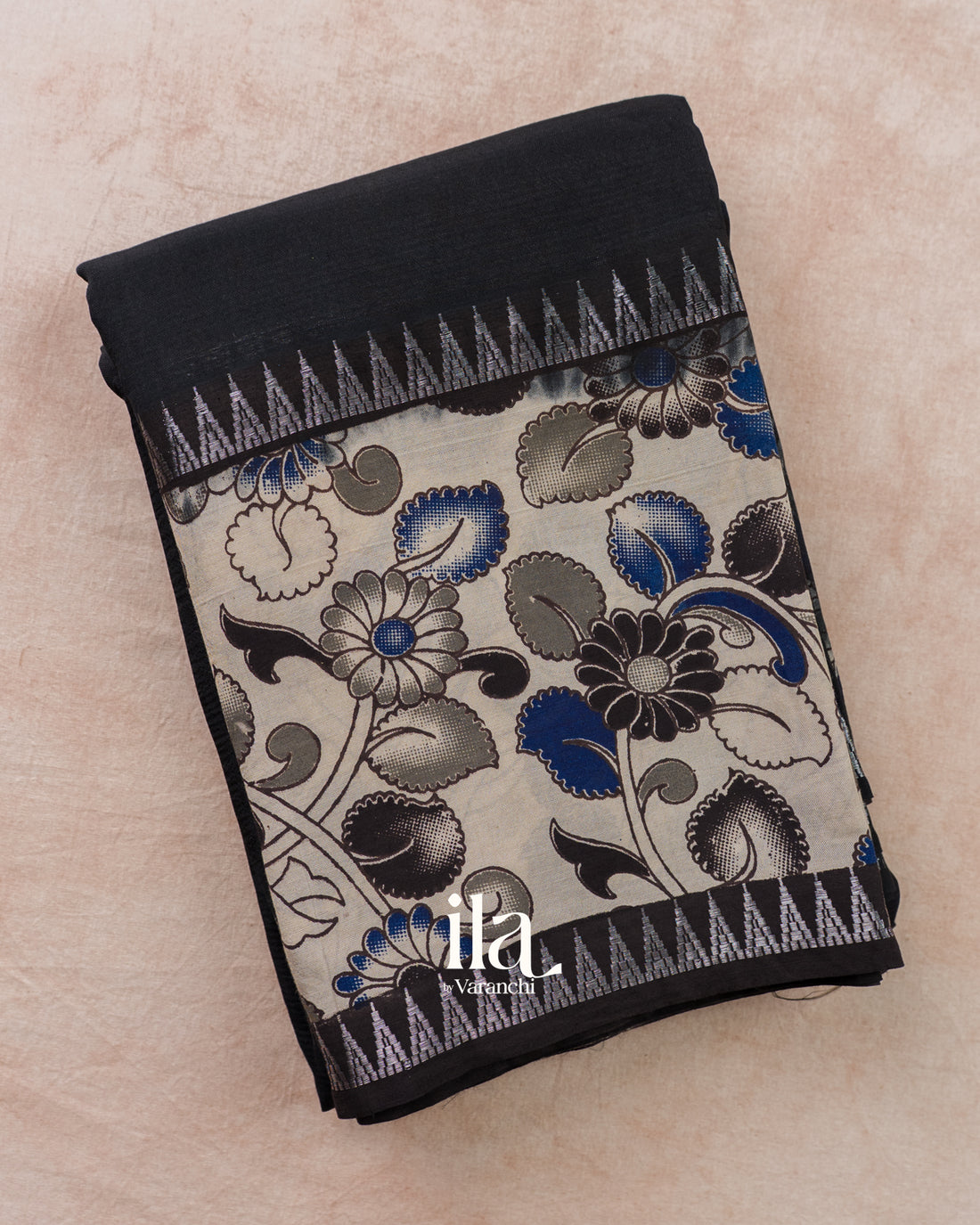 Black Kalamkari Hand-Printed Semi Mangalgiri Silk Cotton Saree