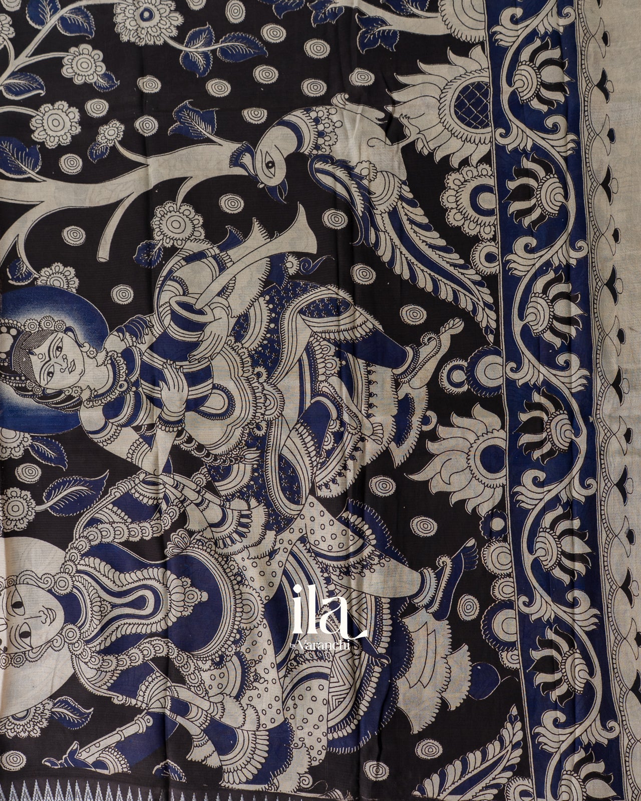Black Kalamkari Hand-Printed Semi Mangalgiri Silk Cotton Saree