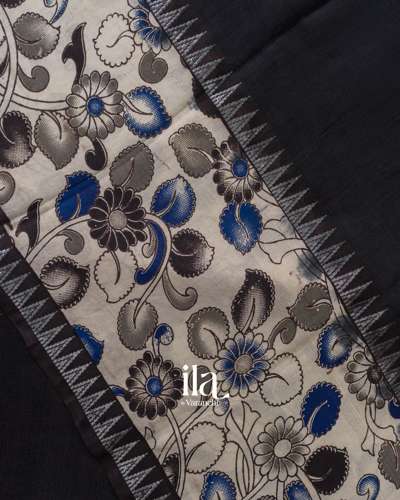 Black Kalamkari Hand-Printed Semi Mangalgiri Silk Cotton Saree