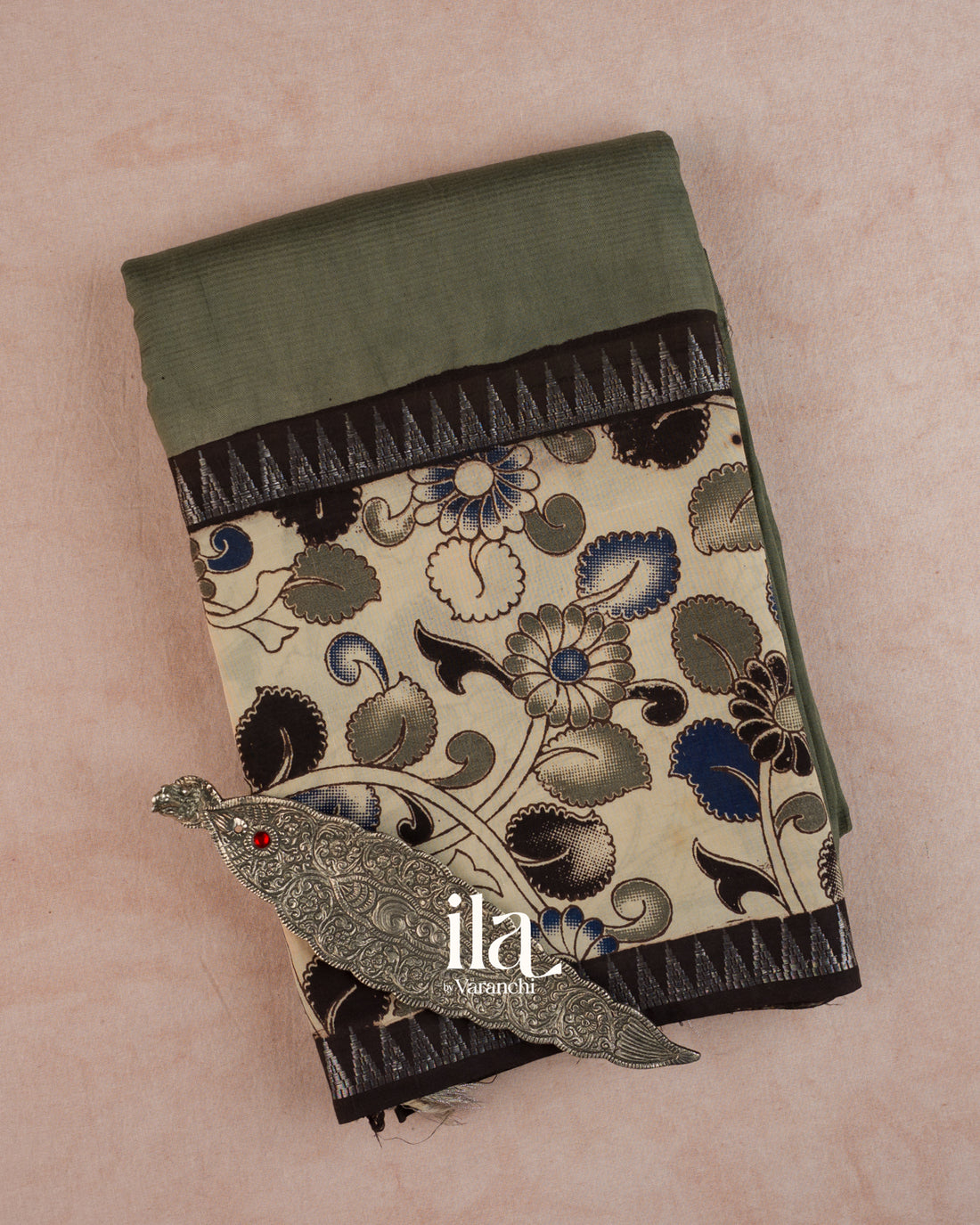 Grey Kalamkari Hand-Printed Semi Mangalgiri Silk Cotton Saree — Folded