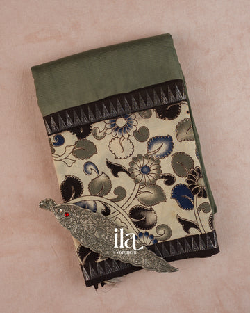 Grey Kalamkari Hand-Printed Semi Mangalgiri Silk Cotton Saree — Folded