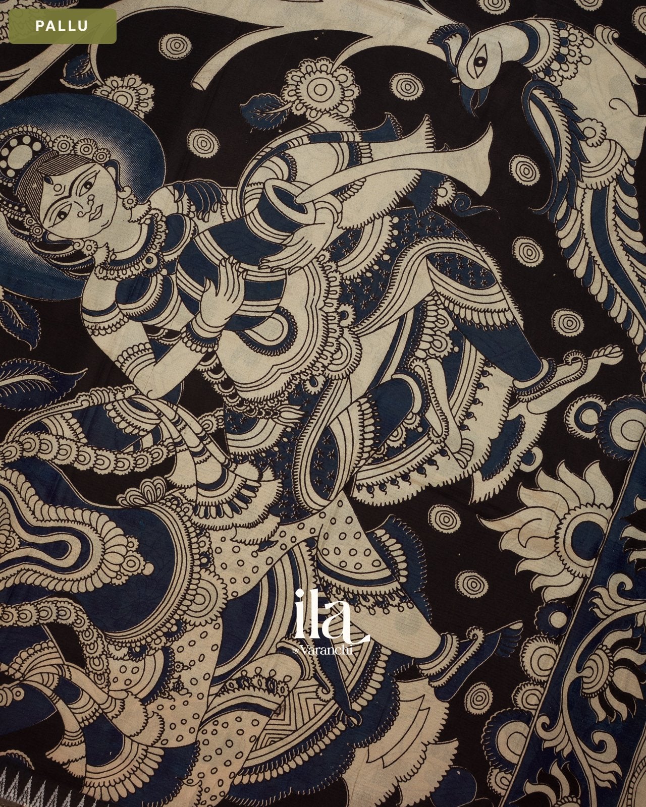 Grey Kalamkari Hand-Printed Semi Mangalgiri Silk Cotton Saree — Pallu