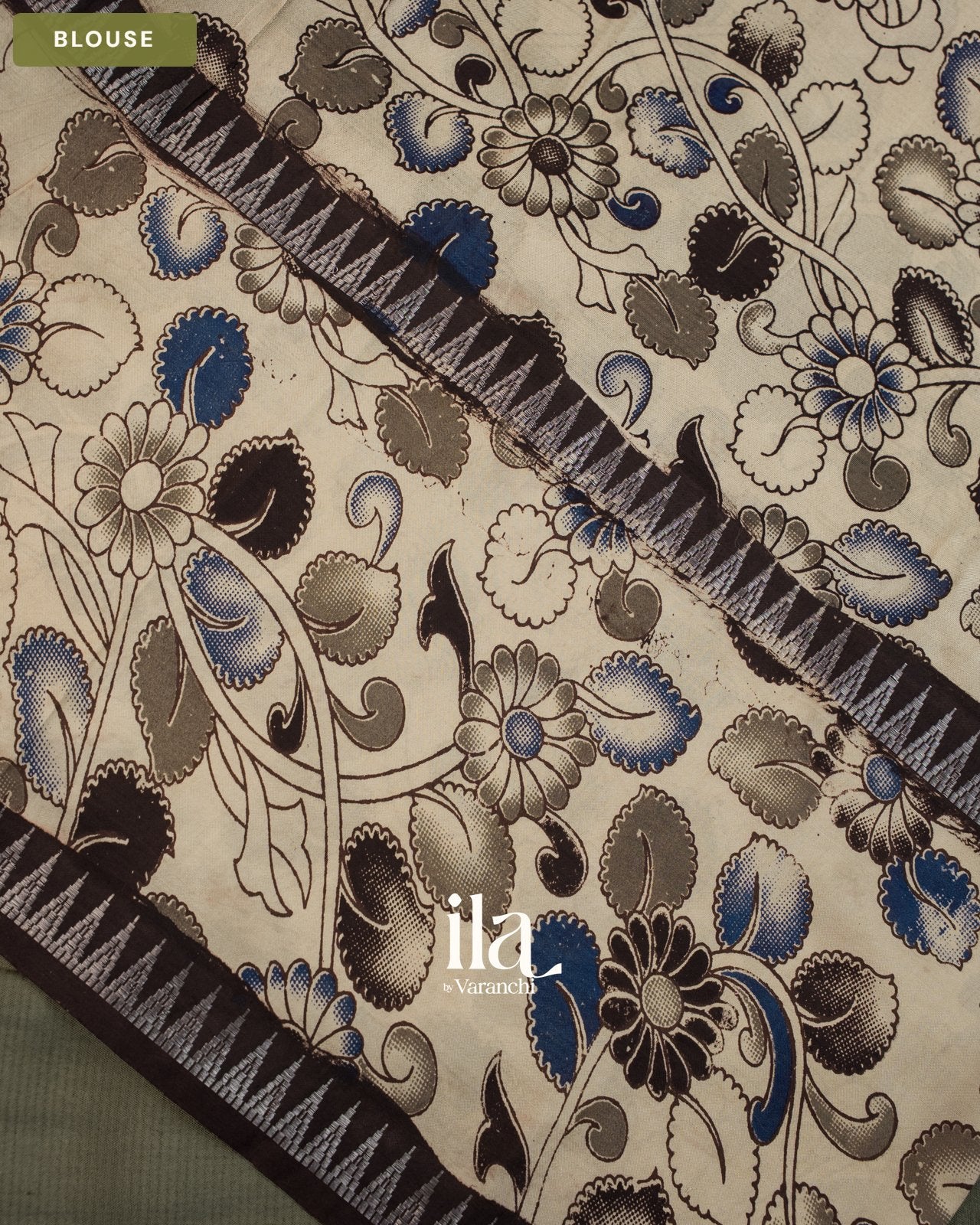 Grey Kalamkari Hand-Printed Semi Mangalgiri Silk Cotton Saree — Blouse