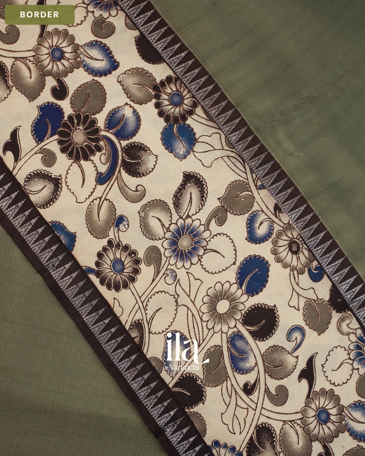 Grey Kalamkari Hand-Printed Semi Mangalgiri Silk Cotton Saree — Border