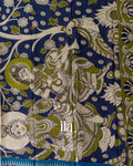 Peacock Blue Kalamkari Hand-Printed Semi Mangalgiri Silk Cotton Saree