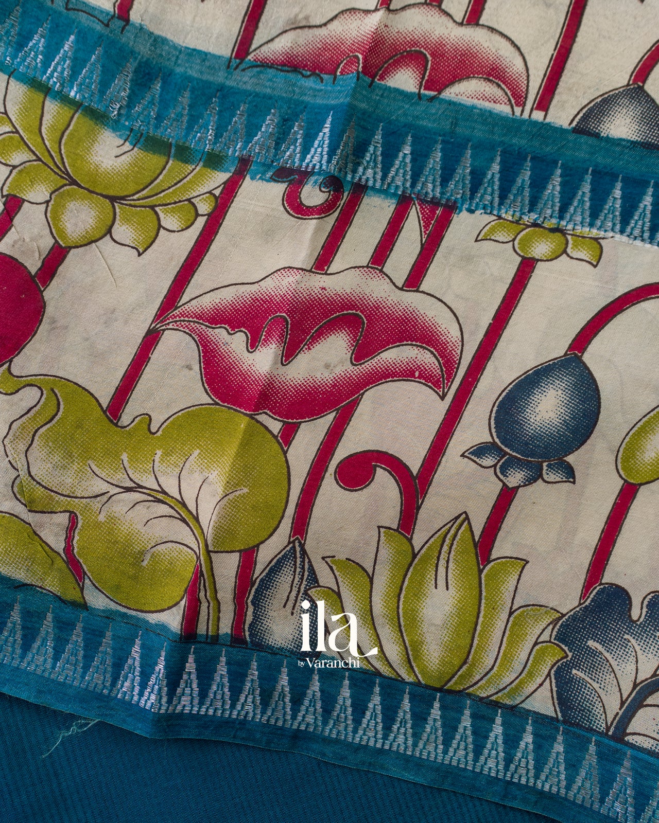 Peacock Blue Kalamkari Hand-Printed Semi Mangalgiri Silk Cotton Saree