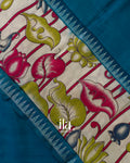 Peacock Blue Kalamkari Hand-Printed Semi Mangalgiri Silk Cotton Saree