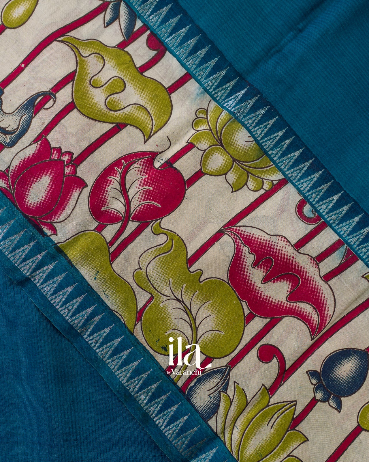 Peacock Blue Kalamkari Hand-Printed Semi Mangalgiri Silk Cotton Saree