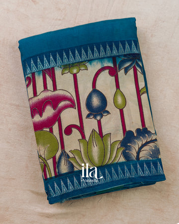 Peacock Blue Kalamkari Hand-Printed Semi Mangalgiri Silk Cotton Saree