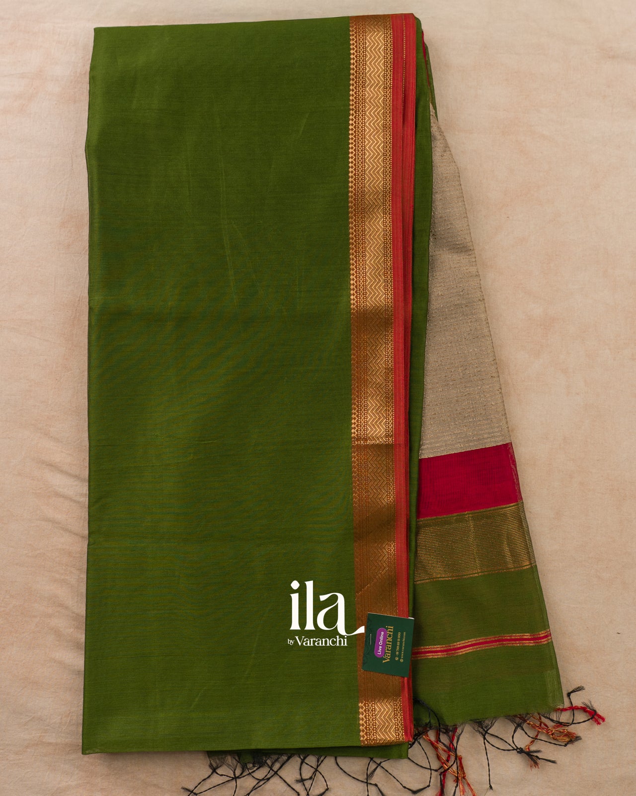 Olive Green Pure Maheshwari Silk Cotton Handloom Saree