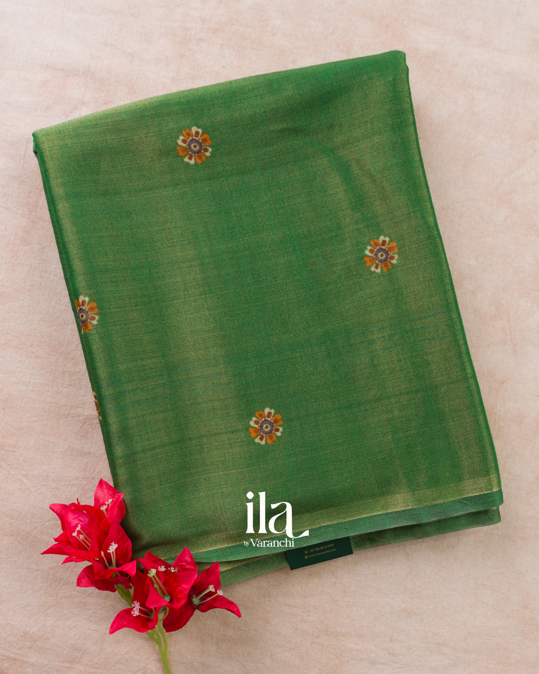 Bottle Green Floral Digital Printed Cotton Tissue Saree