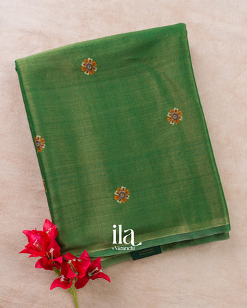 Bottle Green Floral Digital Printed Cotton Tissue Saree