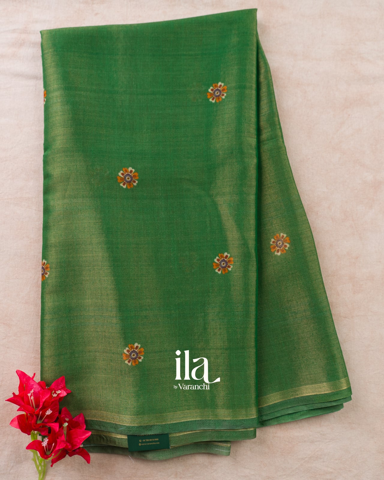 Bottle Green Floral Digital Printed Cotton Tissue Saree