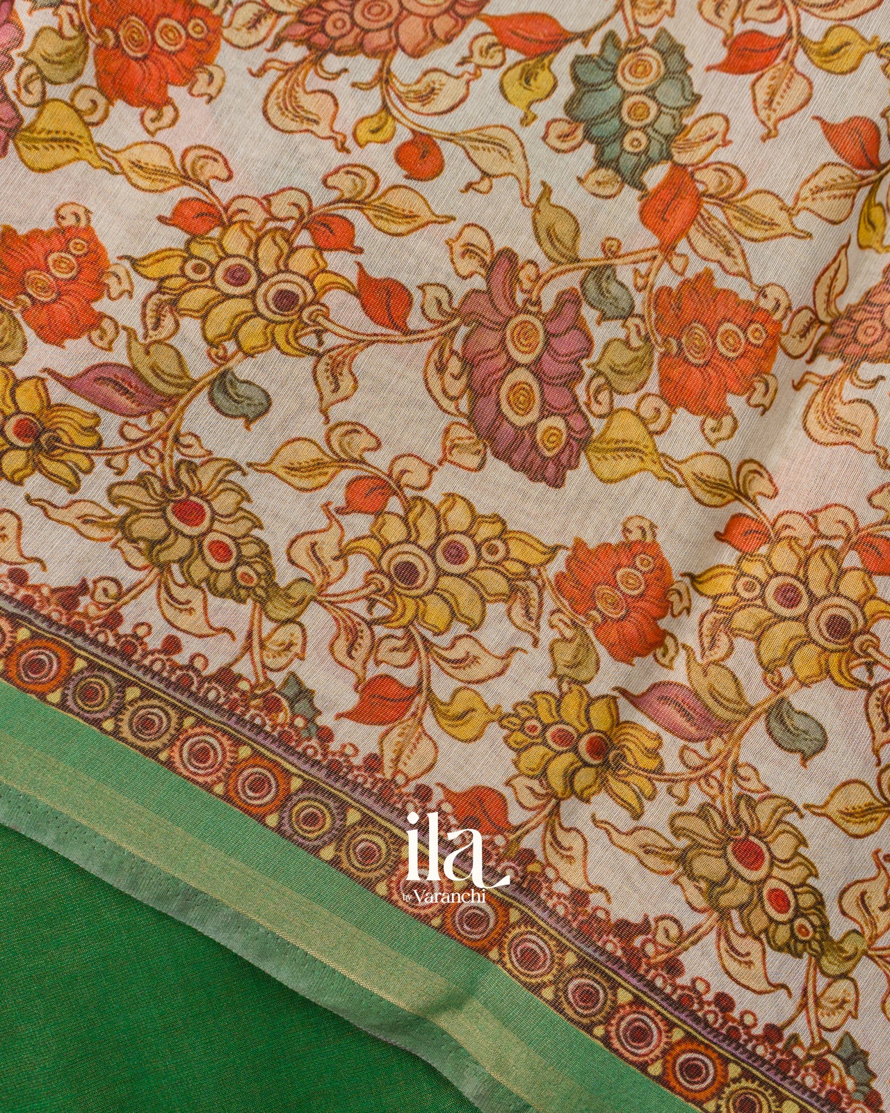 Bottle Green Floral Digital Printed Cotton Tissue Saree